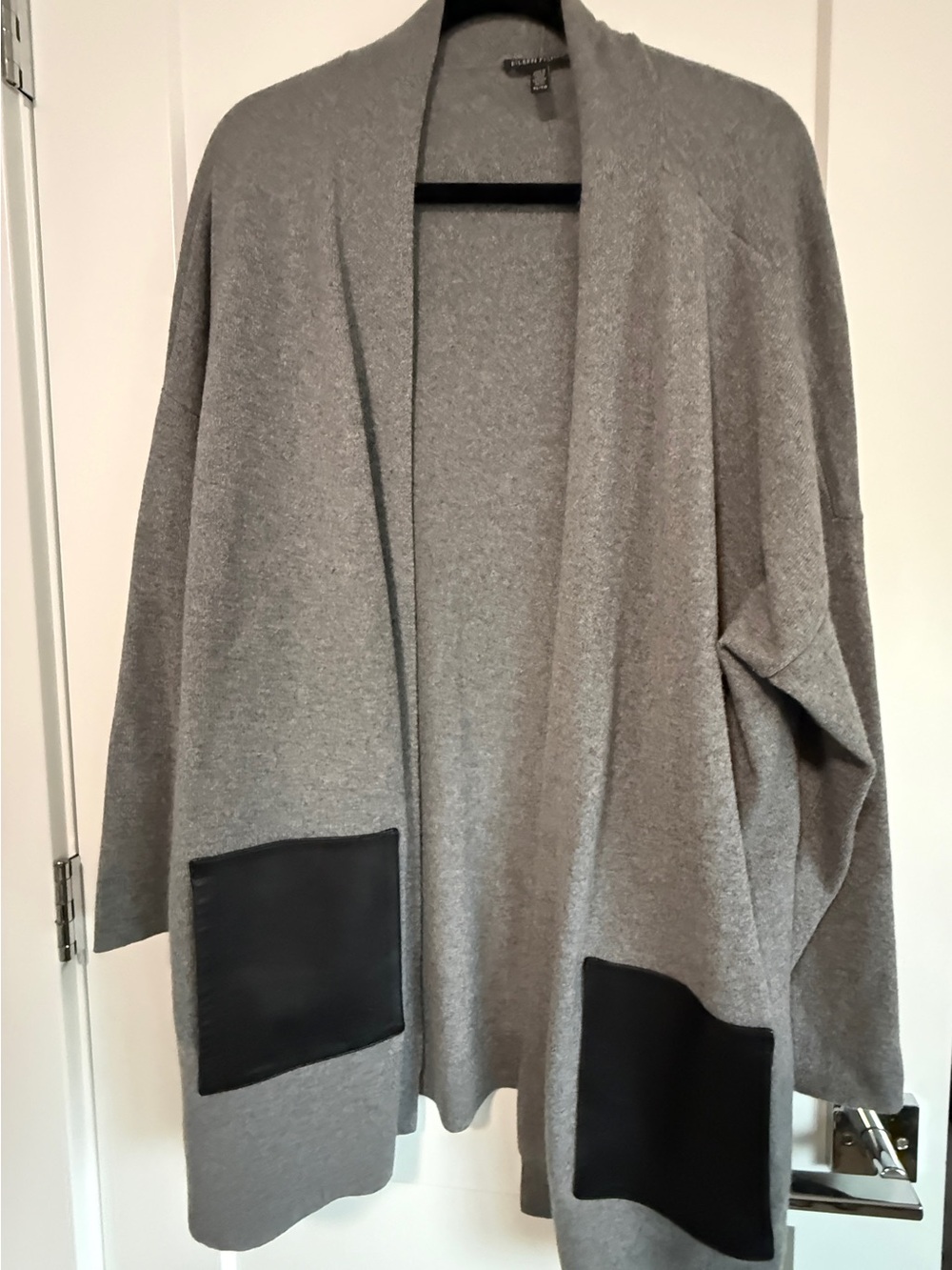 Eileen Fisher Light Gray Open Cardigan with Black Pocket Accents